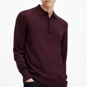 AllSaints Mode Merino Men's Long Sleeve Burgundy Wool Polo Shirt
Size Small S